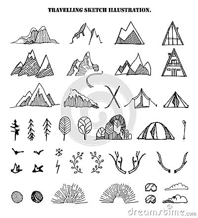 Big hand drawn set of sketch mountains,tents,trees,clouds.,birds,sun shine,sky,floral branches.Vector illustration of Vector Illustration