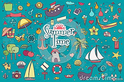 A big hand-drown colorful set of summer doodles Vector Illustration