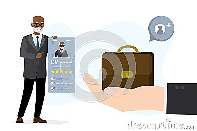 Big hand give briefcase after job interview. Elderly african american candidate holds resume. Employment process. New aged male Vector Illustration