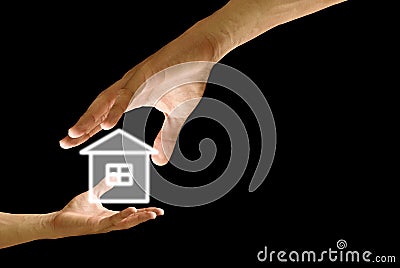 Big hand give the house icon to small hand Stock Photo