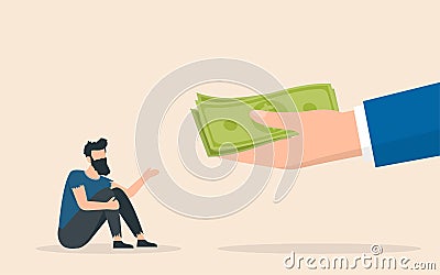 Big hand give money to helpless businessman. Alms concept. Social inequality Vector Illustration