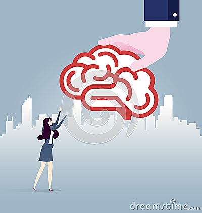 Big hand gives idea brain to businesswoman. Business concept vector Vector Illustration