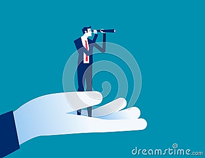 Big hand helps businessman look into the distance. Business vector illustration Vector Illustration