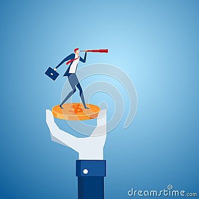 Big hand holding money coin with businessman stand on money using telescope looking for investment, success, opportunities Vector Illustration