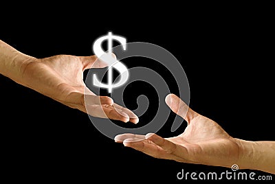 Big hand share the Dollar icon to other hand Stock Photo