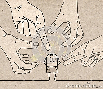 Big Hands with Cartoon Character - Aggression and Paranoia Cartoon Illustration