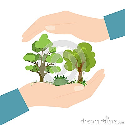 Big hands holding and protect trees, plants, grass. Conservation of nature, ecological problems concept. Environmental Protection Vector Illustration