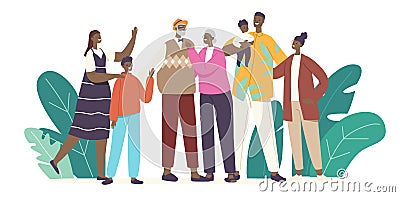 Big Happy African Family Father, Mother, Grandparents and Children Hugging, Holding Hands. Loving Parents and Kids Vector Illustration