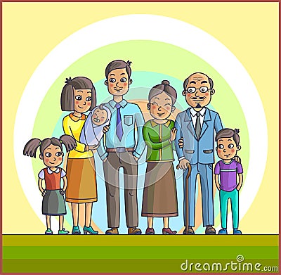 Big Happy Asian Family. Parents with Children. Vector Illustration