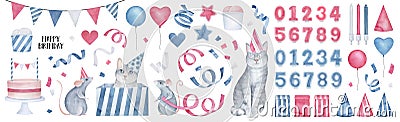 Big `Happy Birthday` collection with funny animals, cake, trick candles, hanging garland, lots of streamers, ballons, love heart s Stock Photo