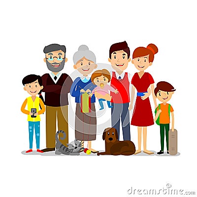 Big Happy Family. Parents with Children. Father, mother, children, grandpa, grandma, dog and cat. Vector Illustration