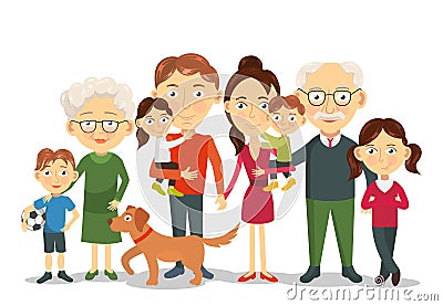 Big and happy family portrait with children, parents, grandparents vector Vector Illustration