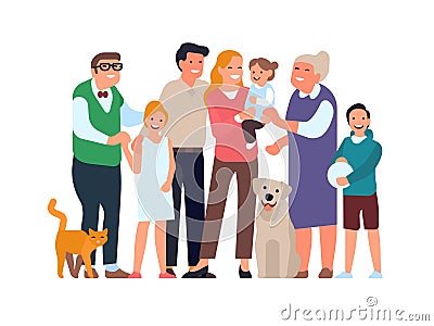 Big happy family. Relatives group portrait in full growth, parents, grandparents, children and a pets, teenages and Vector Illustration