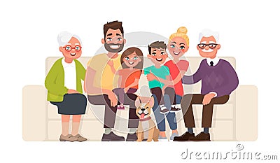 Big happy family sitting on the sofa. Grandmother, grandfather, Cartoon Illustration