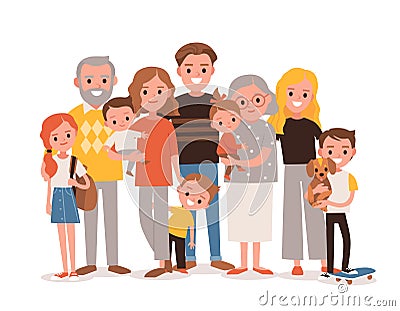 Big happy multi-generational family siblings relatives portrait. Vector Illustration