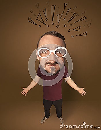 Big head person with social exclamation marks Stock Photo