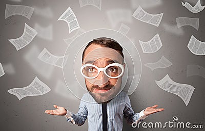 Big head on small body with flying documents Stock Photo