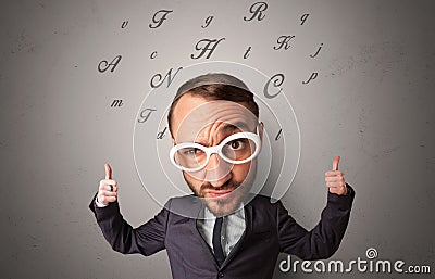 Big head on small body with flying documents Stock Photo
