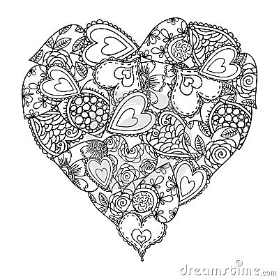 Big heart of little hearts with floral decoration for coloring book. Mothers day holidays design. Valentines day heart. Hand-drawn Vector Illustration