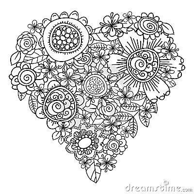 Big heart of spring flowers for coloring book. Mothers day holidays design. Valentines day heart. Hand-drawn decorative elements Vector Illustration