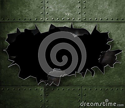 Big hole in military green metal armor background Stock Photo