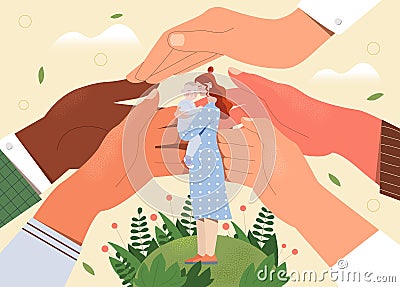 Big human hands are assisting a young single mother with little child Vector Illustration