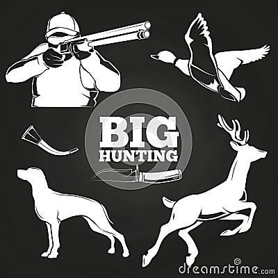 Big hunting elements on blackboard Vector Illustration