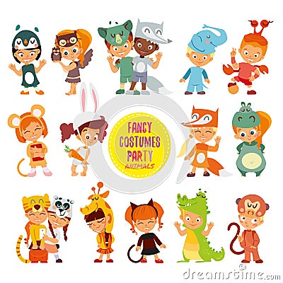 Big icon set of cute boys and girls in animals costumes. Vector Illustration
