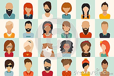 Big icons set. 12 women, 11 men and 1 cat flat icon vector illustration Vector Illustration