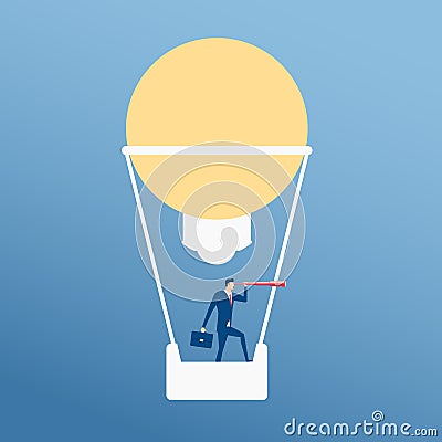 Big idea. Businessman flying in hot air balloon form lamp idea using telescope looking for success Vector Illustration