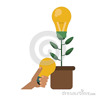 Big idea plat pot and hand with bulb light Vector Illustration