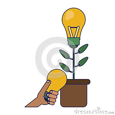 Big idea plat pot and hand with bulb light Vector Illustration