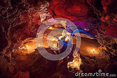 Big Illuminated crystal by candle light in cave. Mlynky Cave, Uk Stock Photo