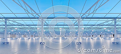 Big industrial greenhouse interior. Hydroponic indoor vegetable plant factory. Green salad farm. Concrete floor. 3D render Stock Photo