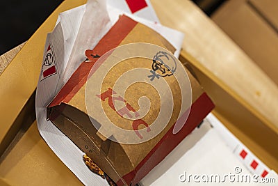 Big KFC wrap on a KFC tray in paper wrap Editorial Stock Photo