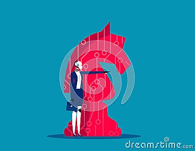 Big knight chess piece and Robot leader. Business artificial intelligence concept Vector Illustration