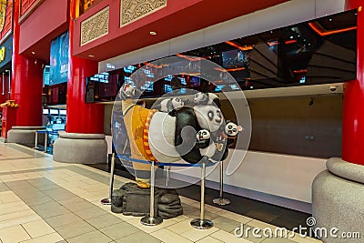 Big Kung Fu Panda doll with baby pandas in the Chinese hall of the Ibn Battuta Mall shopping center in Dubai city, United Arab Editorial Stock Photo