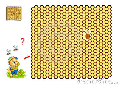 Big labyrinth with honeycombs. Logic puzzle game for children and adults. Help the bear find the way to the barrel with honey. Vector Illustration