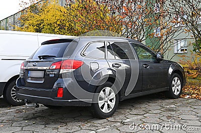 Big large family car classic elegant black hatchback car Subaru Outback 2.0 boxer engine parked Editorial Stock Photo