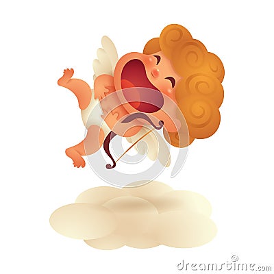 Big laughing cute little cupid with a bow floating on cloud on white background. Isolated Vector Illustration