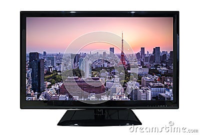 Big led tv with cityscape view isolated on white background Stock Photo