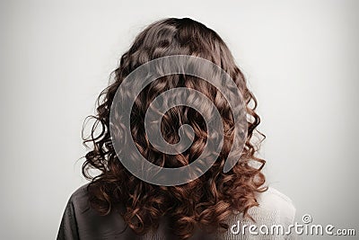 Medium Length Brown Curly Hair , Rear View On White Background. Generative AI Stock Photo