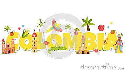 Big letters Colombia with symbols and attractions Vector Illustration