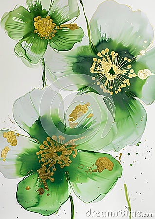 Big lime colored flowers with gold leaf paint highlighting Stock Photo