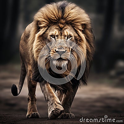 Big lion walking alone at night Stock Photo