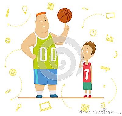 Big and little schoolboys at a physical education lesson. Senior and junior programmers concept. Big and small business Vector Illustration