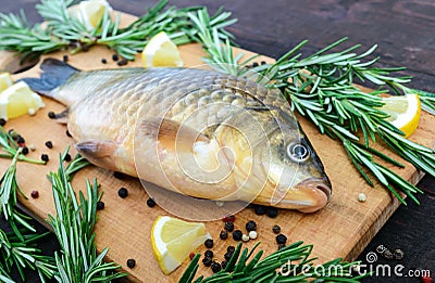 Big live carp crucian on a cutting board with rosemary branches. Stock Photo