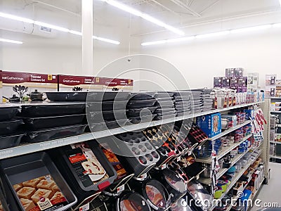 Big Lots 2018 retail discount store interior baking pans top view Editorial Stock Photo
