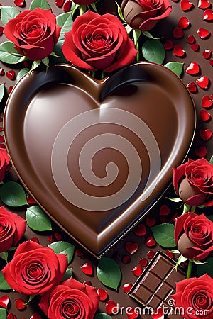 A big love sign of chocolate surrounded by the red rose flower, beautiful, romance scene, fantasy art, love art Stock Photo