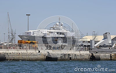 Ship under shipyard maintenance works in mallorca Editorial Stock Photo